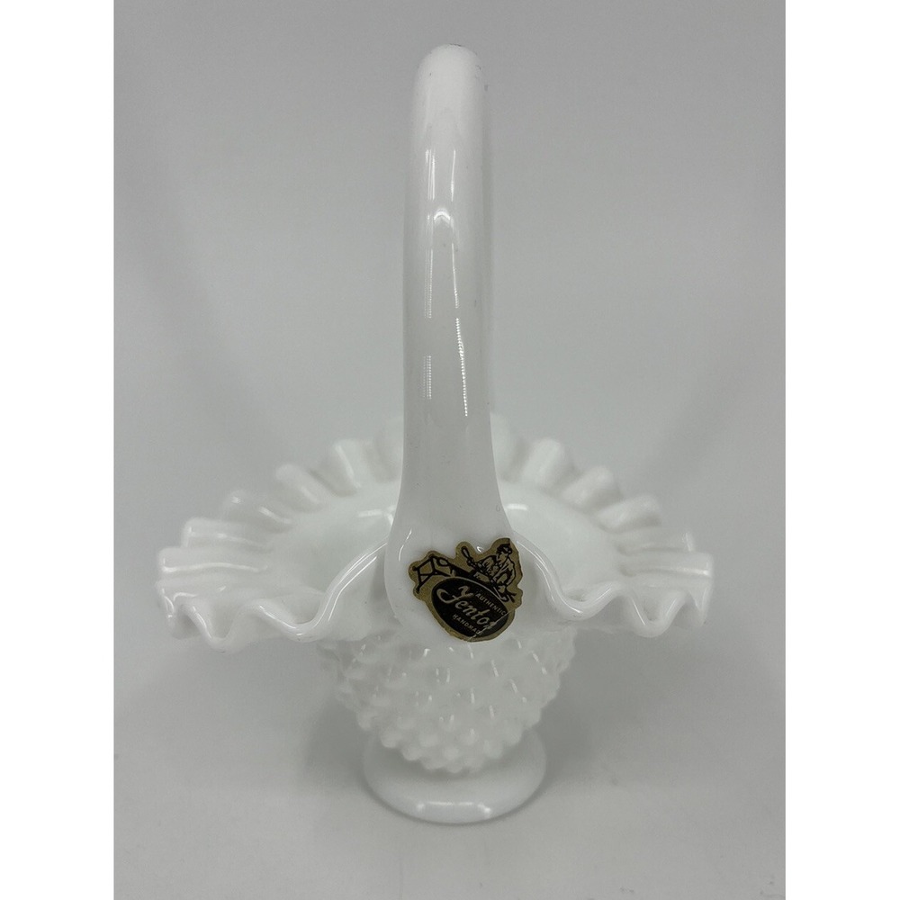 Fenton Milk Glass Hobnail Ruffled Edge 6" Tall Handled Basket with Label